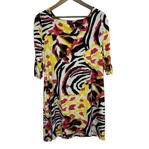 Alfani Dress‎ Womens 1X Plus Multicolor Stretch Artsy Ruched Sleeves Colorful
